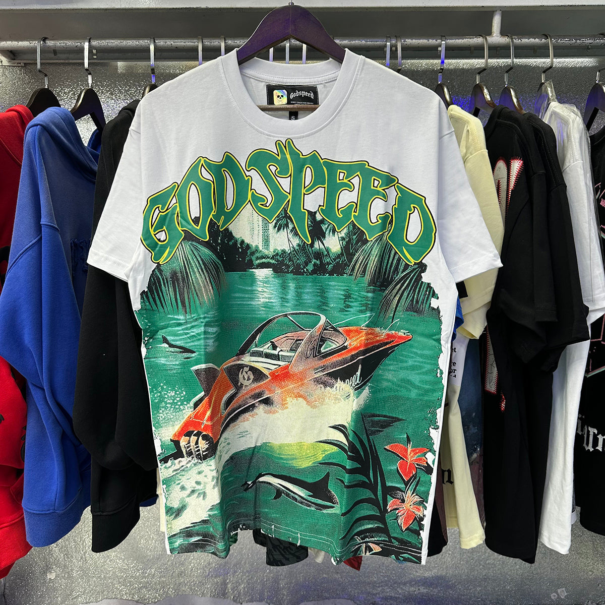 Godspeed T-shirts Speedboat Shark Print Cotton Crew Neck Short Sleeve Men and Women