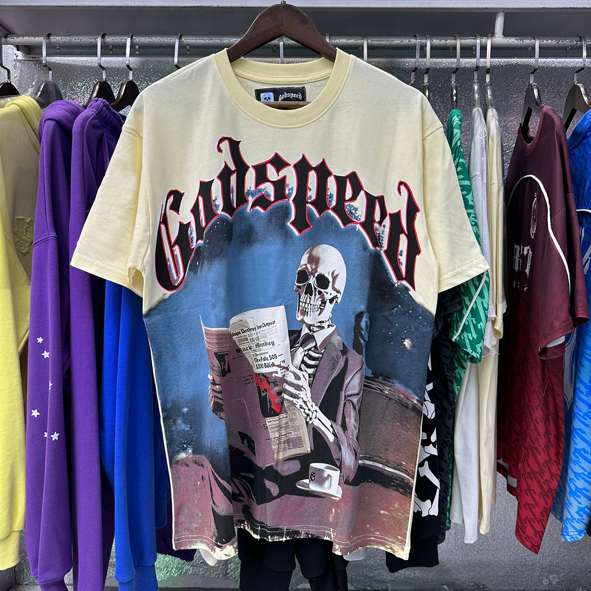 Godspeed T-shirts Newspaper Skull Printing Cotton Casual Short Sleeves Men and Women