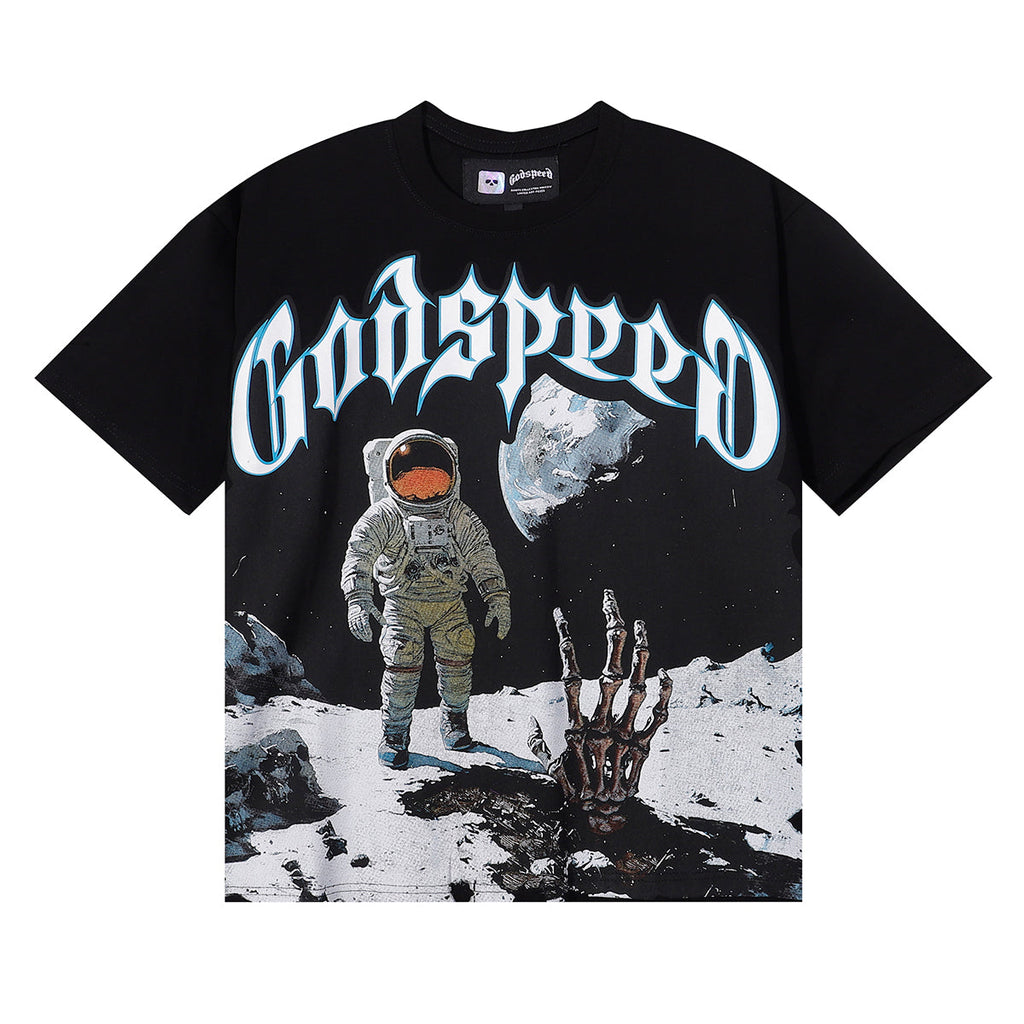 Godspeed T-shirts Astronaut Moon Landing Print Cotton Casual Short Sleeve Men and Women