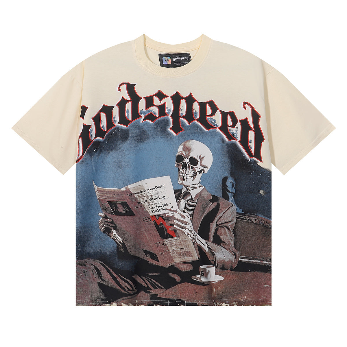 Godspeed T-shirts Newspaper Skull Printing Cotton Casual Short Sleeves Men and Women
