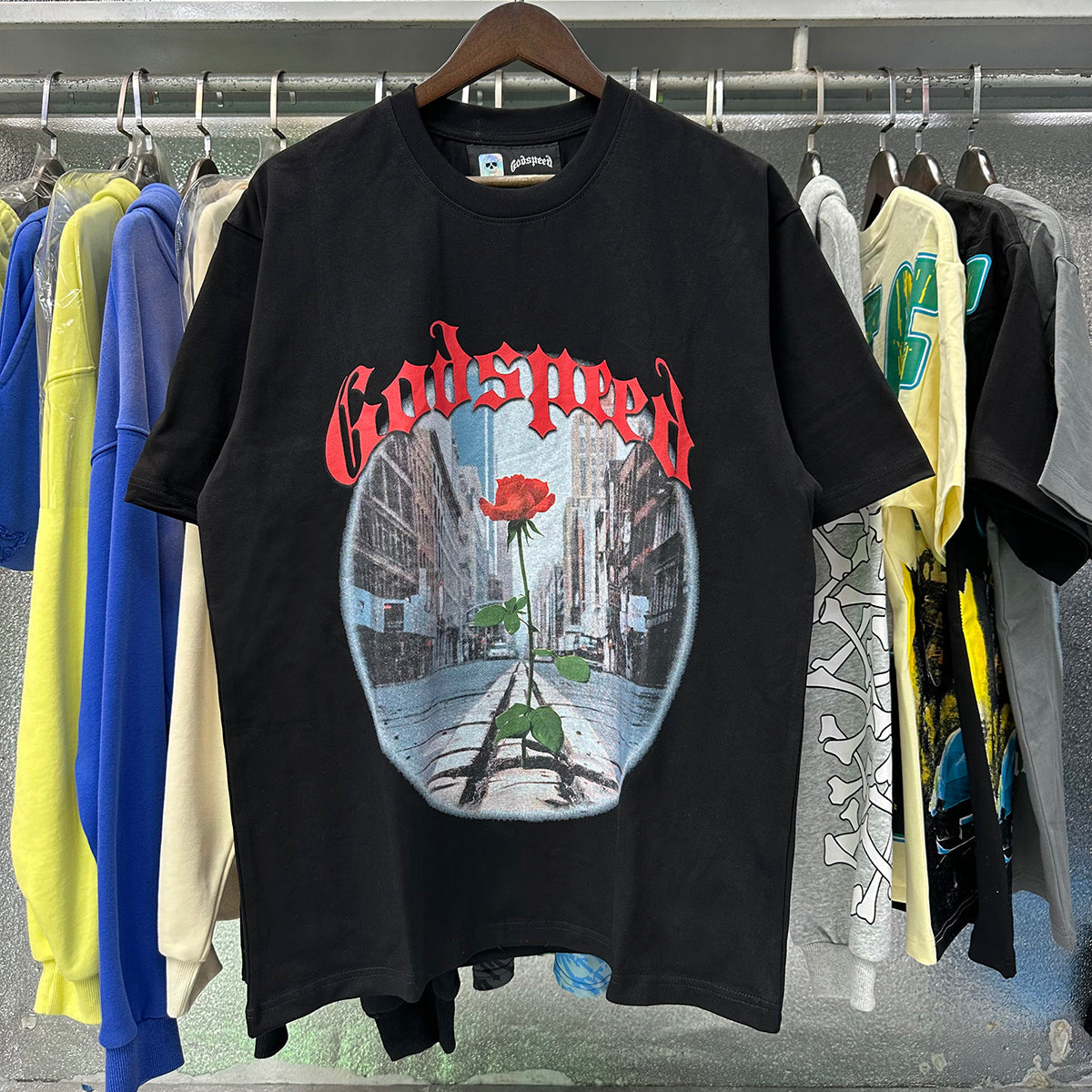 Godspeed T-shirts Street View Rose Print Cotton Casual Short Sleeve Men and Women
